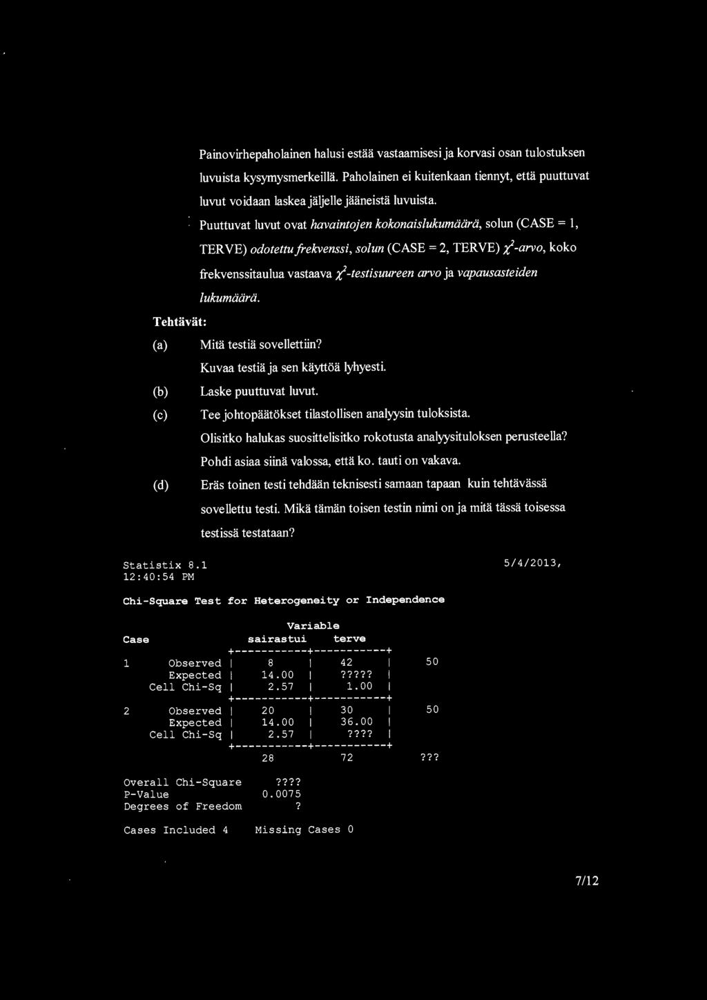 -testisuureen arvo ja vapausasteiden lukumaara. TehHivat: (a) (b) (c) (d) Mita testia sovellettiin? Kuvaa testia ja sen kayttoa lyhyesti. Laske puuttuvat luvut.