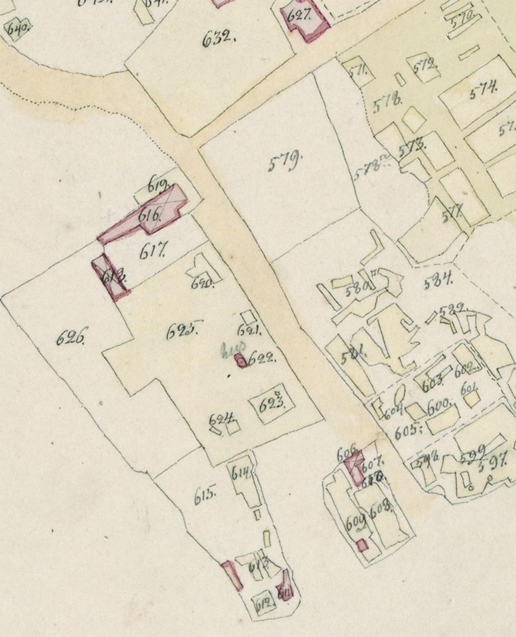 8 Kuva 3: Toivo Pekkasen puistoalueen asutusta vuoden 1844 kartalla.