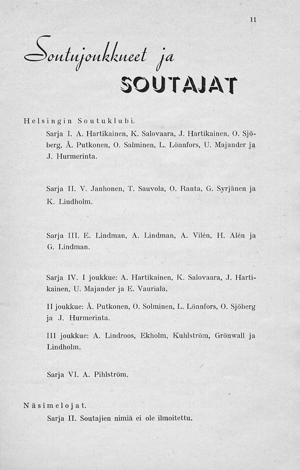 11 <~>aittiuaiikkiieet ia SOUTAJAT Helsingin Sou.tu.klu bi. Sarja I. A. Hartikainen, K. Salovaara, J. Hartikainen, O. Sjö- Berg, Å. Putkonen, O. Salminen, L. Lönnfors, U. Majander ja J. Hurmerinta.