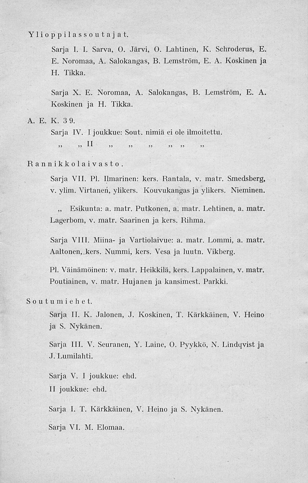 Ylioppilassoutajat. Sarja I. I. Sarva, O. Järvi, O. Lahtinen, K. Schroderus, E. E. Noromaa, A. Salokangas, B. Lemström, E. A. Koskinen ja H. Tikka. Sarja X. E. Noromaa, A. Salokangas, B. Lemström, E. A. Koskinen ja H. Tikka. A. E. K. 3 9.