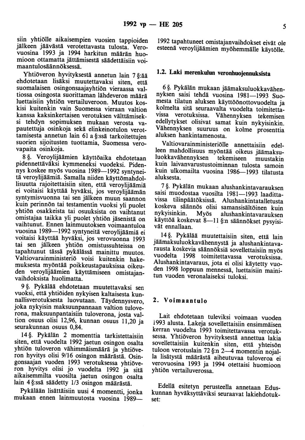 1992 vp - HE 205 5 siin yhtiölle aikaisempien vuosien tappioiden jälkeen jäävästä verotettavasta tulosta.