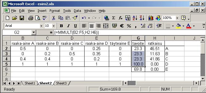 31 Huomaa, että yhtälö soluissa G2:G5 on kirjoitettu matriisimuodossa. Tämä ei olisi välttämätöntä, mutta toki nopeampaa kuin kirjoittaa esim.