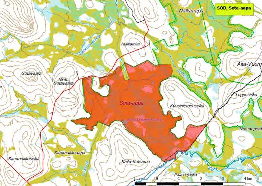 920228 Sodankylä, Sota-aapa (P) (7575635:505425) 3266 ha (Natura, Soidensuojeluohjelma) Sota-aapa on osa soidensuojelualuetta, johon kuuluu myös Nälkäaapa sen pohjoispuolelta.
