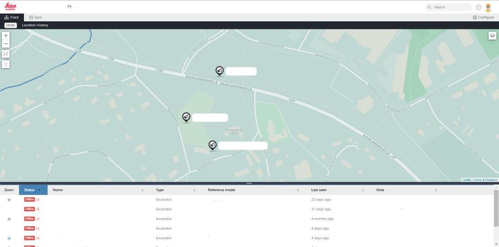 nimeltään icon Telematics (kuva 6). Sovelluksessa näkee reaaliajassa kaikkien työkoneiden sijainnit kartalla sekä, mitä referenssitiedostoa ne käyttävät työskentelyyn.