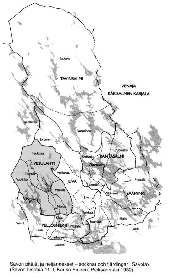 Kartta. Kartassa näkyy Savon jako pitäjiin ja neljänneksiin 1500-luvulla.