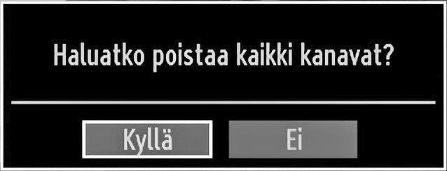 Tyhjennä palvelulista (*) (*) Tämä toiminto on käytössä vain kun Maaoptio on asetettu Tanskan, Ruotsin, Norjan tai Suomen kohdalle. Käytä tätä asetusta kun haluat tyhjentää tallennetut kanavat.