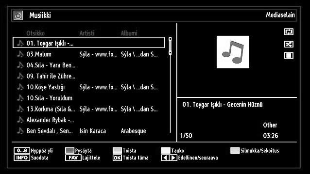 0..9 (Numeropainikkeet): Hyppää valittuun aikaan. Toista tämä (OK-näppäin) : Toistaa valitun tiedoston. Toista (VIHREÄ näppäin) : Toistaa kaikki mediatiedostot valitulla aloittaen.