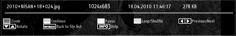 Rotate (Up/Down buttons): Rotates the image using up/down buttons. Loop/Shuffle (BLUE button): Press once to disable Loop. Press again to disable both Loop and Shuffl e.