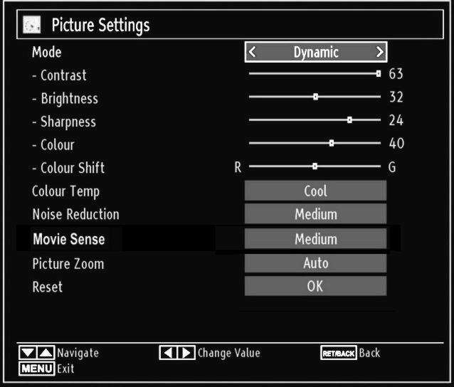 Colour Temp: Sets the desired colour tone. Setting Cool option gives white colours a slight blue stress. For normal colours, select Normal option.