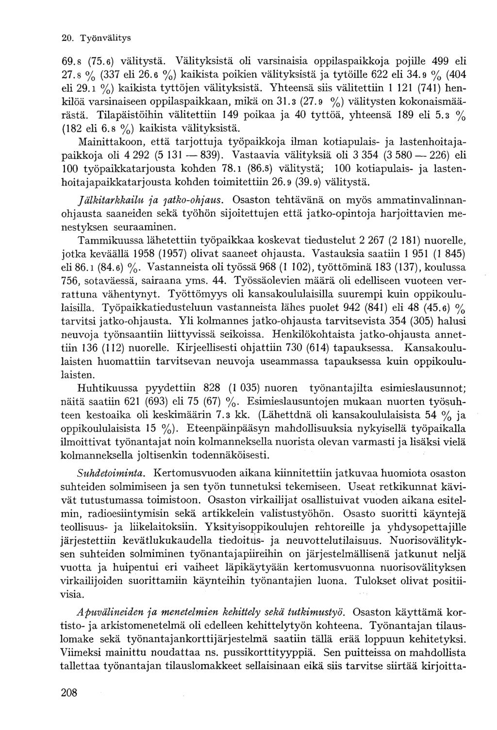 69.8 (75.6) välitystä. Välityksistä oli varsinaisia oppilaspaikkoja pojille 499 eli 27.8 % (337 eli 26.6 %) kaikista poikien välityksistä ja tytöille 622 eli 34.9 % (404 eli 29.