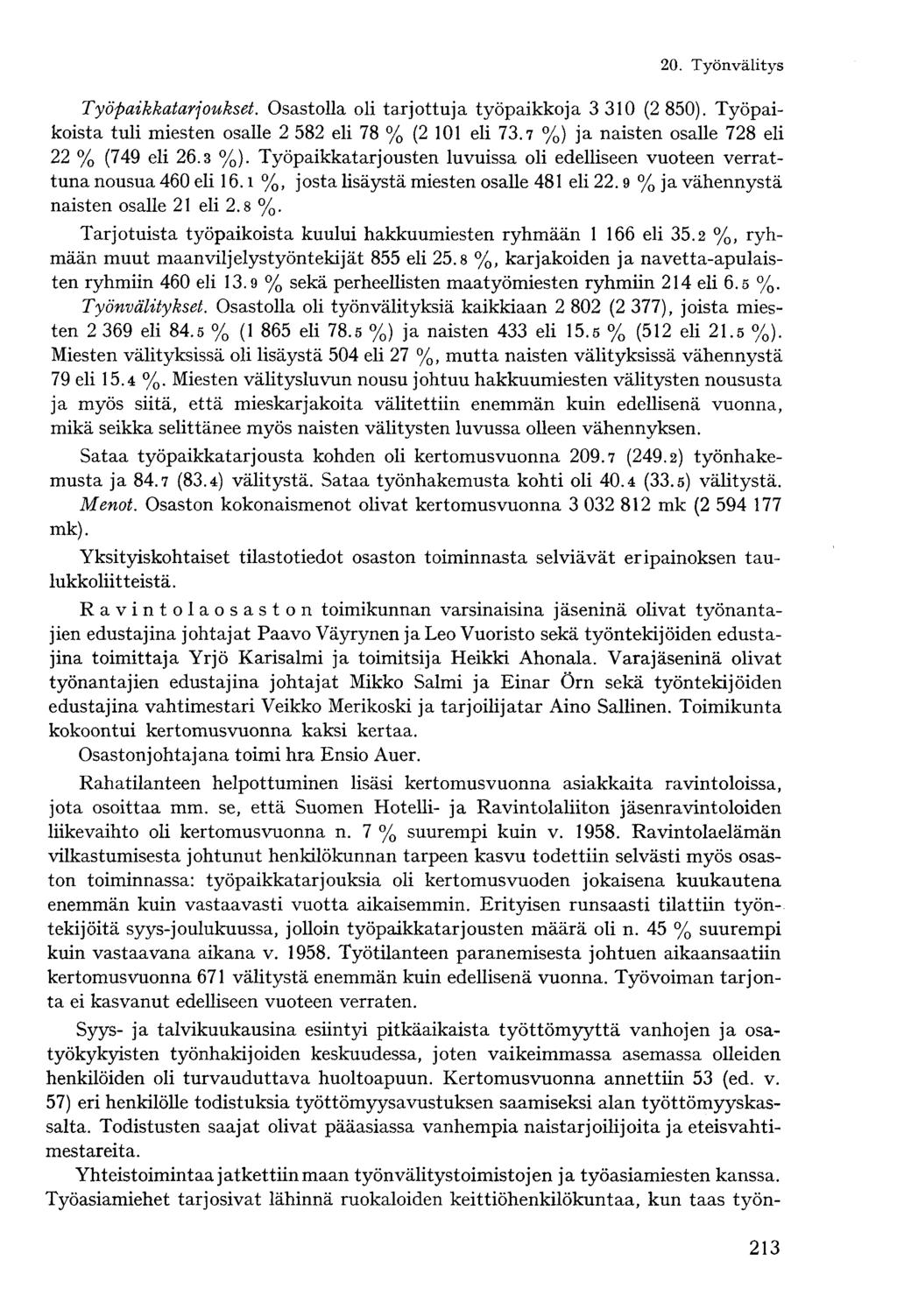 Työpaikkatarjoukset. Osastolla oli tarjottuja työpaikkoja 3 310 (2 850). Työpaikoista tuli miesten osalle 2 582 eli 78 % (2 101 eli 73.7 %) ja naisten osalle 728 eli 22 % (749 eli 26.3 %).