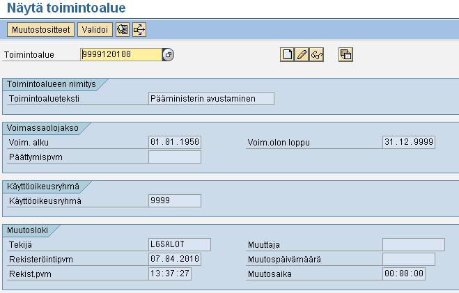 Toimintoalue (toiminto) Toimintoalueen perustietokentät Koodi (3 +