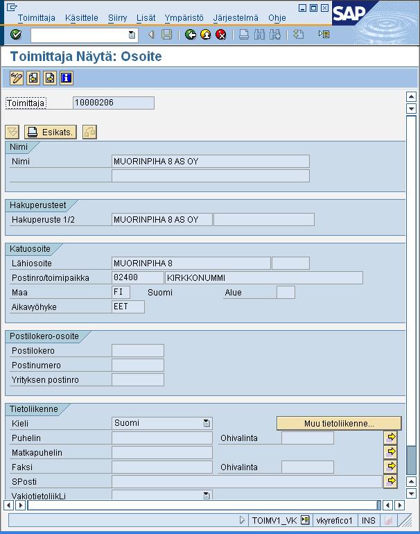 Toimittaja yleiset tiedot Transaktio FK03