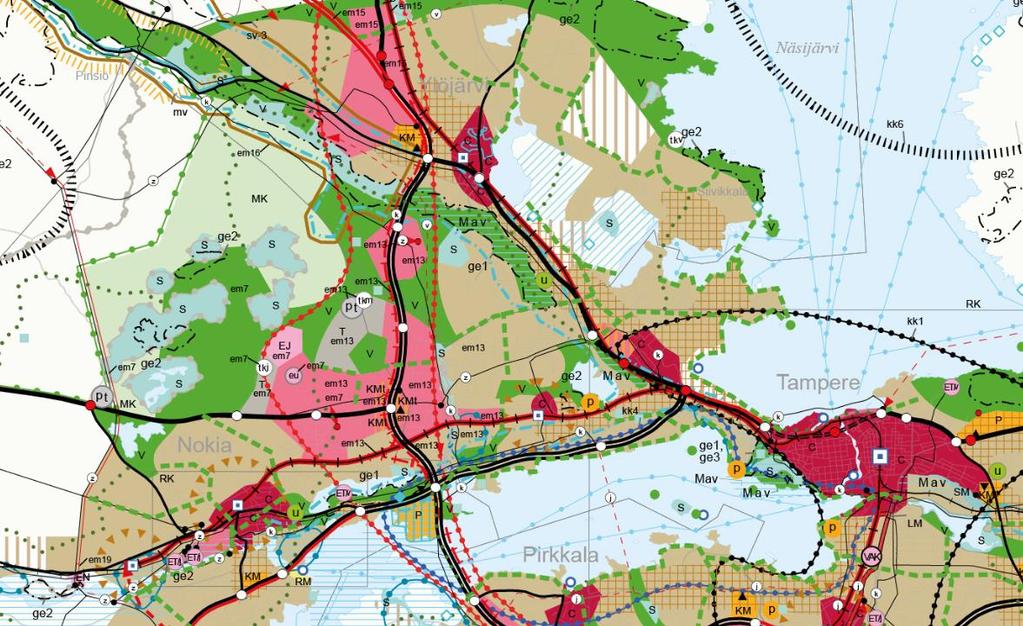 FCG SUUNNITTELU JA TEKNIIKKA OY Raporttiluonnos 14 (55) Kuva 12. Ote Pirkanmaan maakuntakaavan 2040 ehdotuksesta (Pirkanmaan liitto 2016: Pirkanmaan maakuntakaava 2040).