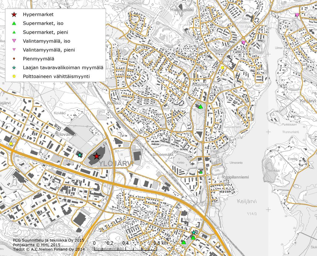 FCG SUUNNITTELU JA TEKNIIKKA OY Raporttiluonnos 25 (55) Ylöjärven päivittäistavaramyymälöistä toimi Kirkonseudun alueella 2 myymälää (S-market ja Sale), Soppeenmäen alueella 3 myymälää