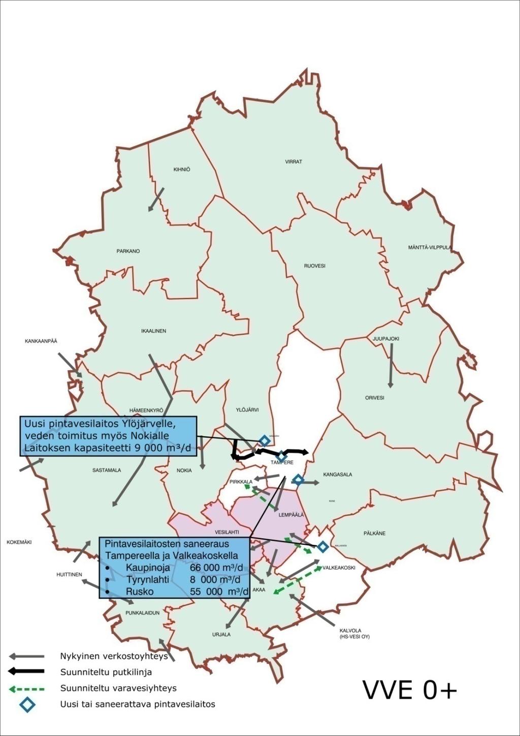 Pohjoisen, läntisen ja itäisen Pirkanmaan vedenhankinta perustuu pohjaveteen Pintaveden hyödyntäminen VVE 0+ Tampereen kaupunkiseudun ja eteläisen Pirkanmaan vedenhankinnan painopiste on