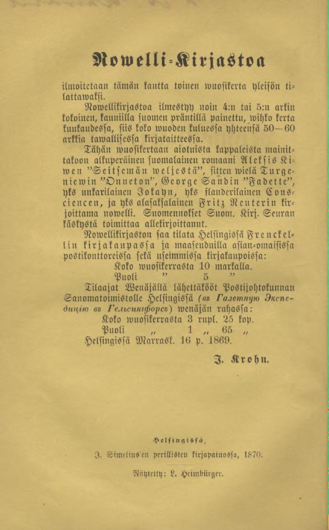 Nowelli-Kirjastoa ilmoitetaan tämän kautta toinen wnosikcrta yleisön tilattawaksi.