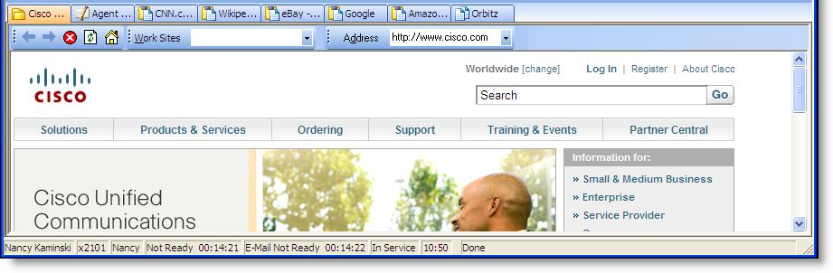 Agent Desktop -käyttöliittymä Integroitu selain -ruutu Integroitu selain -ruutu (Kuva 8) näyttää Internet- ja intranet-web-sivuja, jotka auttavat asiakkaiden avustamisessa.