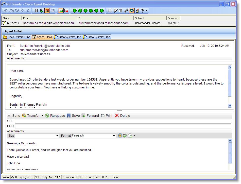 Cisco Agent Desktop -käyttöopas Edustajan sähköpostin käyttäminen Edustajan sähköpostitoiminto on saatavilla vain CAD Premium -pakkauksessa.