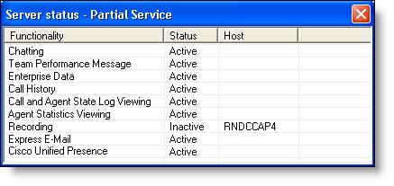 Palvelun tila Palvelun tila Kun Agent Desktop havaitsee, ettei se ole yhteydessä palvelun kanssa (yleensä kolmen minuutin sisällä palvelun kaatumisesta), tilarivillä lukee Osittainen palvelu tai Ei