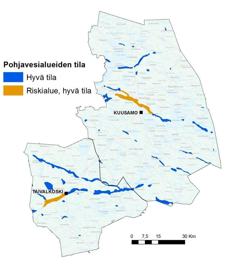 kehittämiselle toivoi lisää rahoitusta vain 24 % vastaajista ja 44 % toivoi rahoitusta vähennettävän huomattavasti tai jonkin verran, kun vastaavat % -osuudet Taivalkoskella olivat 68 % ja 10 %. 3.2. Pohjaveden tila Vastaajille esitettiin kartta alueensa pohjavesien tilasta (ks.