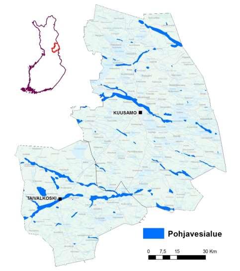 2. Kysely 2.1. Tutkimusalue Tutkimusalue rajautui Pohjois-Pohjanmaan maakuntaan Kuusamon kaupungin ja Taivalkosken kunnan alueelle (kuva 1).