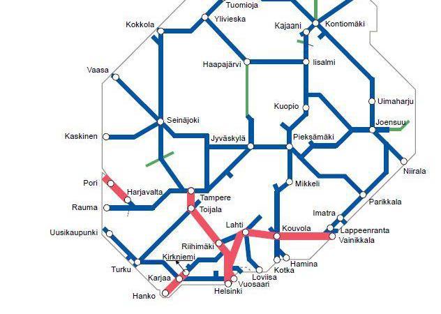 sallivia rataosuuksia. Eri akselipainojen välinen jakautuminen Suomen rataverkolle on esitetty seuraavassa kuvassa 14. KUVA 14.