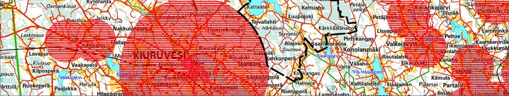 Punaisella raidoitettu alue merkitsee, että alueelle rakennettu verkko ja sen rakentamiskustannukset ovat tukikelpoisia vain siltä osin, kun ne ovat välttämättömiä