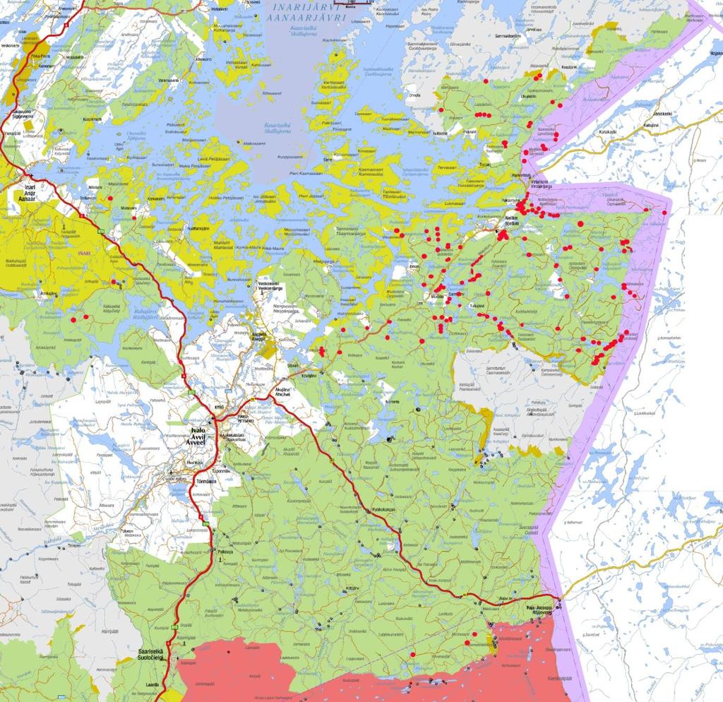 8 Kuva 2. Kohteiden sijoittuminen inventointialueella, punaiset pisteet ovat vuoden 2011 inventointikohteita.