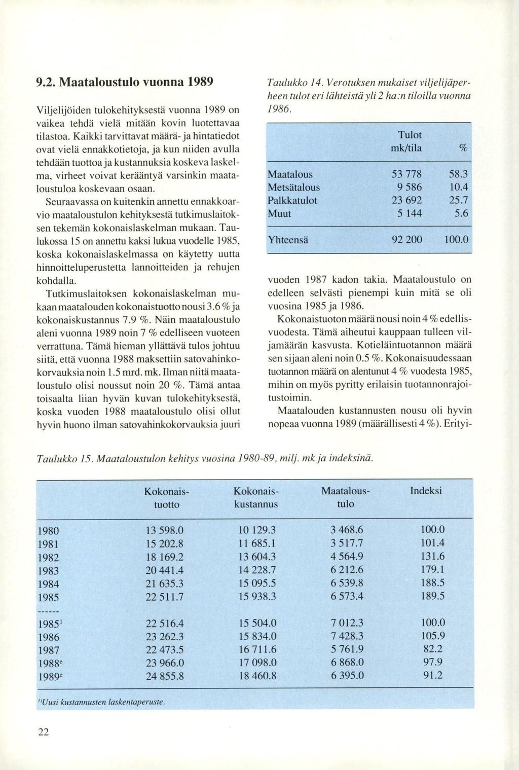 9.2. Maataloustulo vuonna 1989 Viljelijöiden tulokehityksestä vuonna 1989 on vaikea tehdä vielä mitään kovin luotettavaa tilastoa.