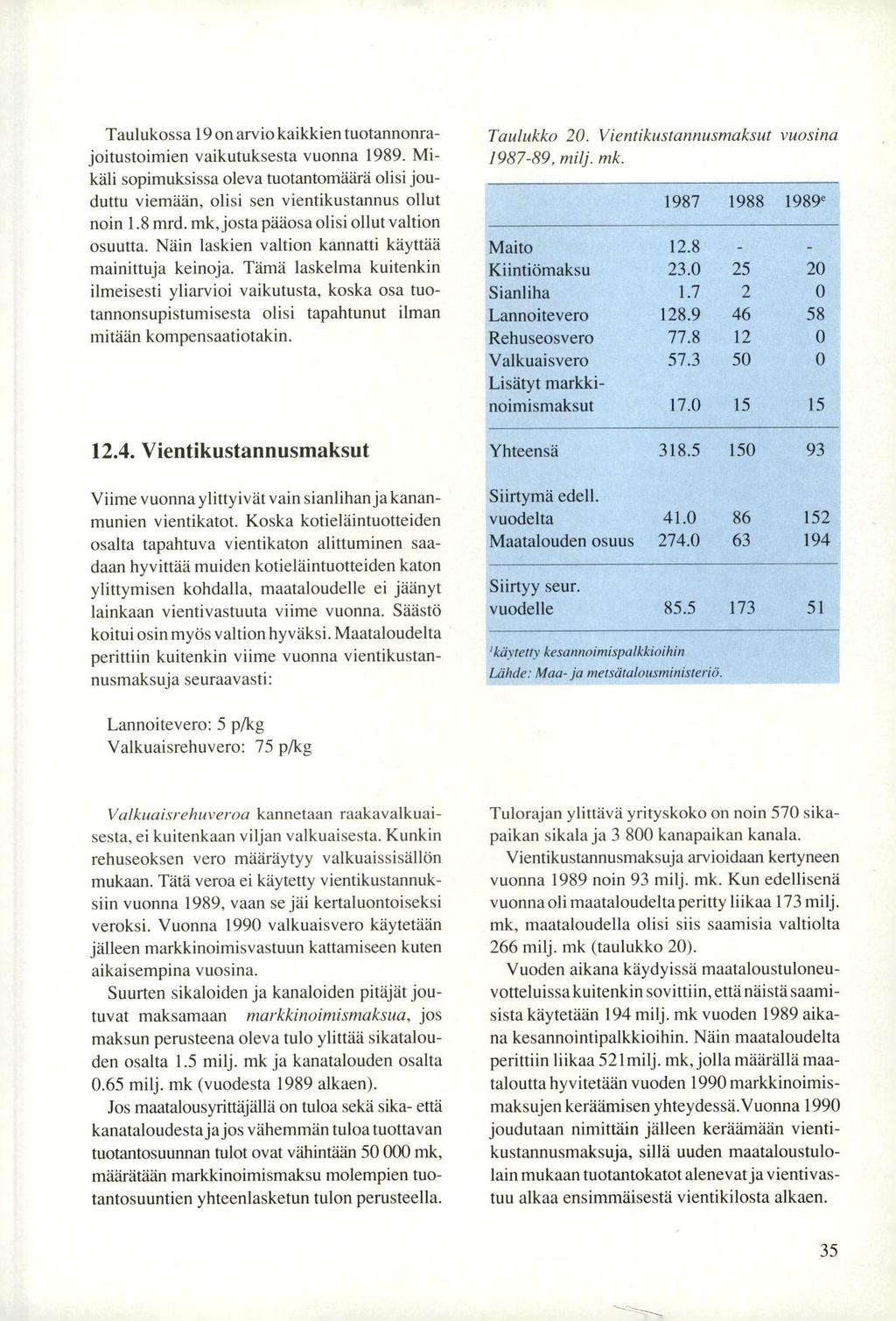 Taulukossa 19 on arvio kaikkien tuotannonrajoitustoimien vaikutuksesta vuonna 1989. Mikäli sopimuksissa oleva tuotantomäärä olisi jouduttu viemään, olisi sen vientikustannus ollut noin 1.8 mrd.