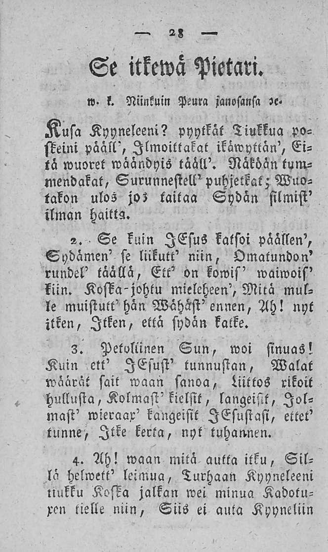 28 Se itkewä Pietari. n. l. Niinkuin Peura janostnft se- Ausa Kyyneleeni? pyytkat Tiukkua postein! pääll', Ilmoiltalat ikawyttän', Eitä wuoret wäändyis tääll'.