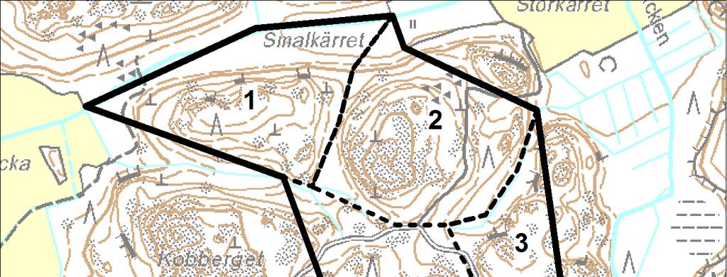 Kuva 3. Selvitysalue B:n osa-aluejako Osa-alue 1 Osa-alueen pohjoisosan Smalkärret on nuorta tiheää kuusikkoa.