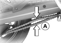 8 70 Huolto z Paina ketjua ruuvitaltalla ylös ja alas ja mittaa erotus A. Ketjun välys (riippuma) 25...30 mm (moottoripyörä seisoo sivuseisontatuen varassa) 30.