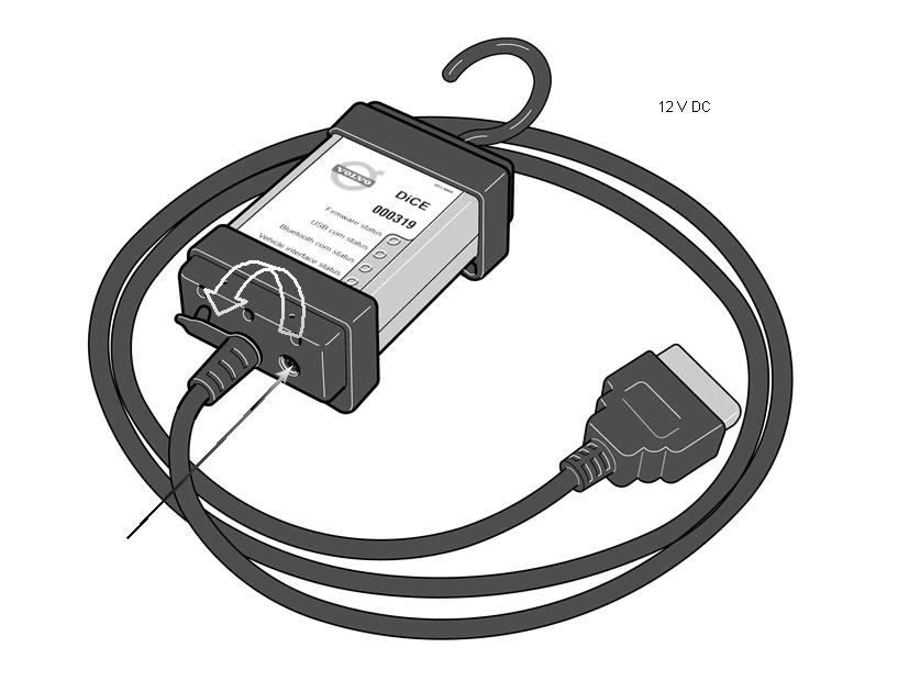 DiCE:ssä on DC-virtaliitäntä, johon voidaan kytkeä akkujohdin tai sovitin (12 V). Sovitinta käytetään DiCE:n päivityksen ja vianetsinnän yhteydessä.
