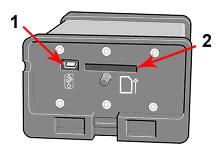 USB:n [1] ja muistikortin [2] liitännät sijaitsevat tässä. Muistikorttia (Secure Digital) käytetään Volvo CAN Recorder -yksikön kanssa.