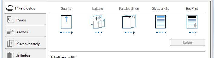 Aina kun napsautat kuvaketta, se muuttuu tulostusjälkeä muistuttavaksi kuvaksi ja ottaa asetukset käyttöön. [Perus]-välilehti Tämän välilehden alla on usein käytetyt perustoiminnot.