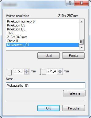 Tulostaminen tietokoneelta > Tulostaminen tietokoneelta 3 Napsauta [Uusi]-painiketta. 3 4 5 7 6 4 Syötä paperikoko. 5 Syötä paperin nimi.