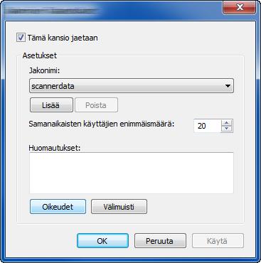 1 2 Windows XP:ssa napsauta hiiren oikealla painikkeella "scannerdata"-kansiota ja valitse [Jakaminen ja suojaus] (tai [Jakaminen]).