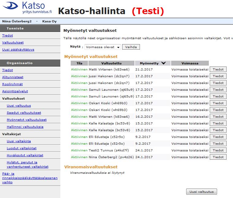 Myönnetyn valtuutuksen tiedot sivulla voi valtuutuksen peruuttaa, painamalla Peruuta valtuutus painiketta.