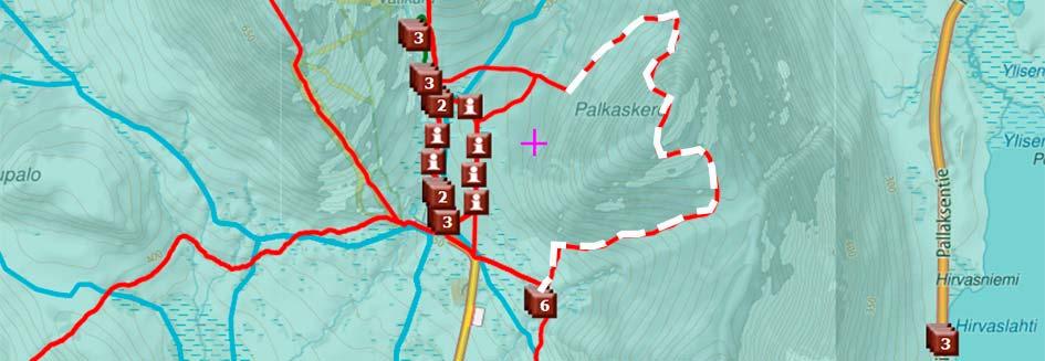 Palkaskerolla pyöräily on kielletty valkoisella merkityllä reitillä. Metsähallitus 2017, Maanmittauslaitos 1/MML/17.