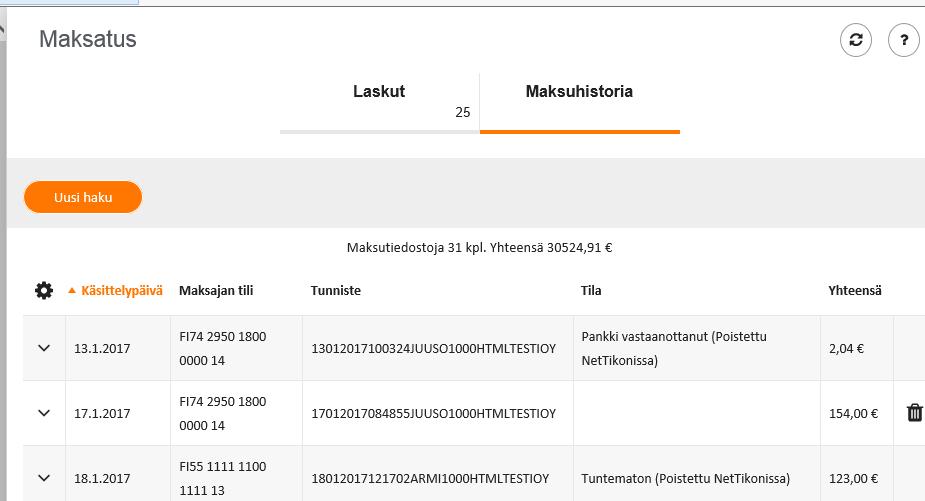 NetTikon KULU JA MATKA muutoksia maksatukseen Maksuhistoria selausvälilehdellä