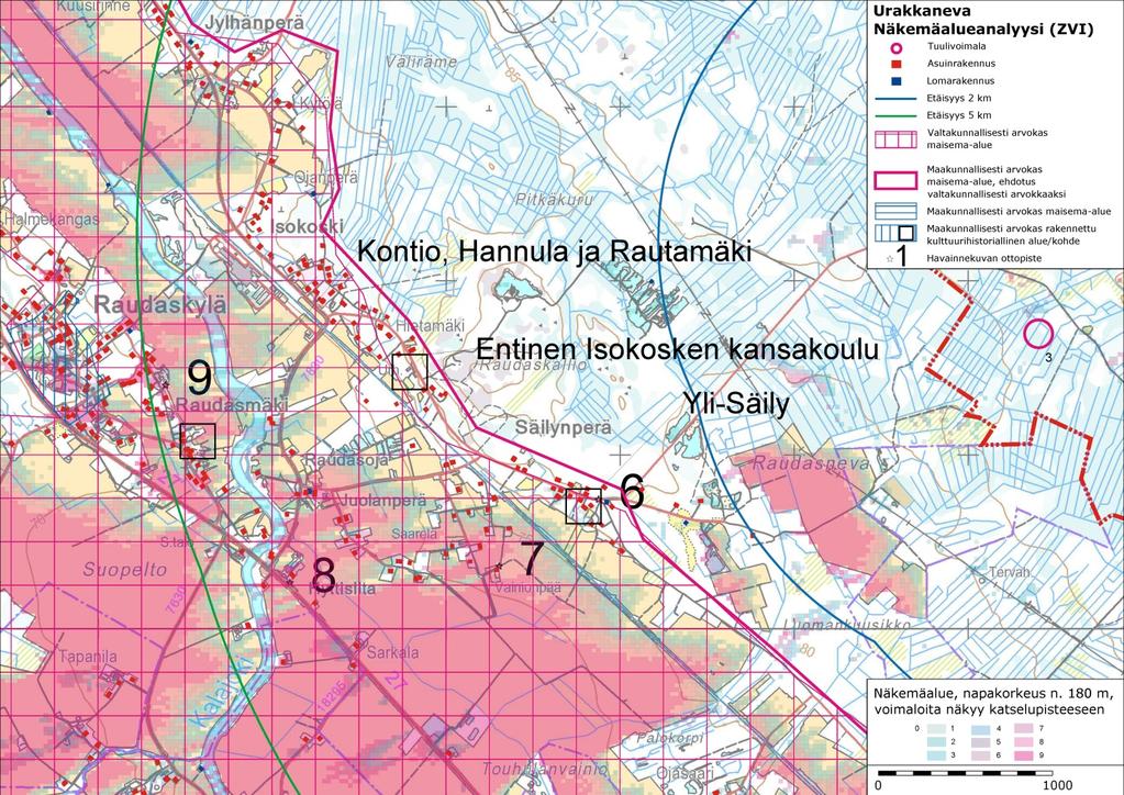Kuva 42. Näkymäalueanalyysikartta kaava-alueen länsi-/lounaispuolelta sekä havainnekuvien ottopaikat.