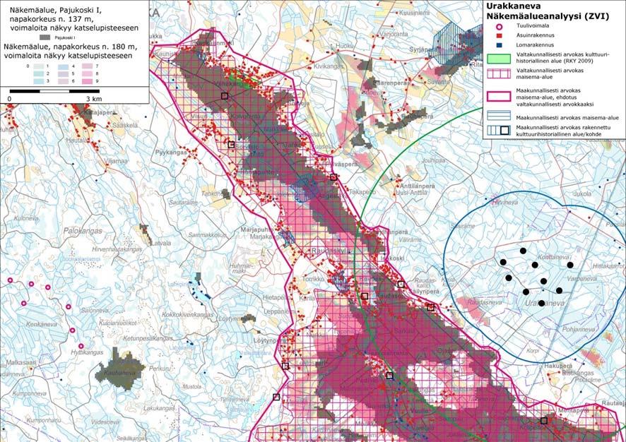 Kuva 70. Näkymäalueanalyysi, nykytilanne. Pajukoski I toiminnassa olevien voimaloiden näkyminen Kalajokilaaksossa. Kuva 71.