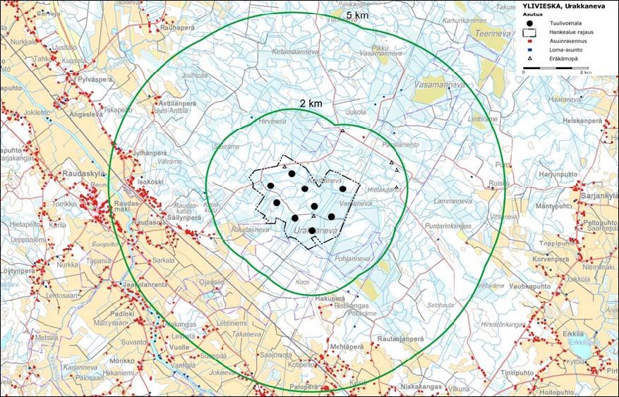 la sijaitsevat Mehtäperä ja Rautaojanperä sekä itäpuolella sijaitseva Sarjankylä. Etäisyys lähimpiin suunniteltuihin voimaloihin Mehtäperältä on noin 3,5 kilometriä ja Sarjankylältä noin 7 kilometriä.