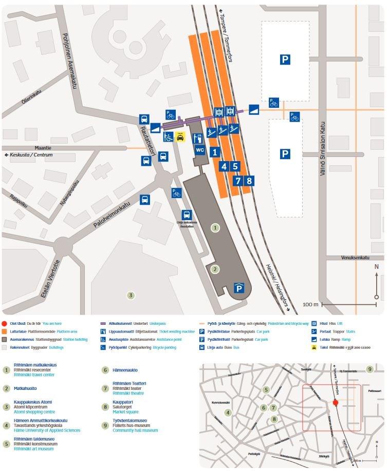 Kuva 6 Riihimäen rautatieaseman pyöräpysäköintien sijainnit (Liikennevirasto 2016). Noin puolet pysäköintipaikoista ovat katoksellisia. Osassa pysäköintialueissa on oma valaistus ja osassa taas ei.