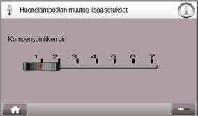 Kompensointitoiminto löytyy huonelämpötilan lisäasetuksista, jonne pääsee painamalla sivun alaosassa keskellä olevaa painiketta.