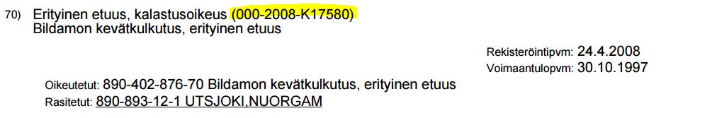 23 Esimerkissä Bildamon kevätkulkutus etuus ja siihen kuuluvien tilojen osakkaat ja osakkuusluku. Bildamon kulkutuspaikka sijaitsee rekisteriyksikkölajissa valtion metsämaa.