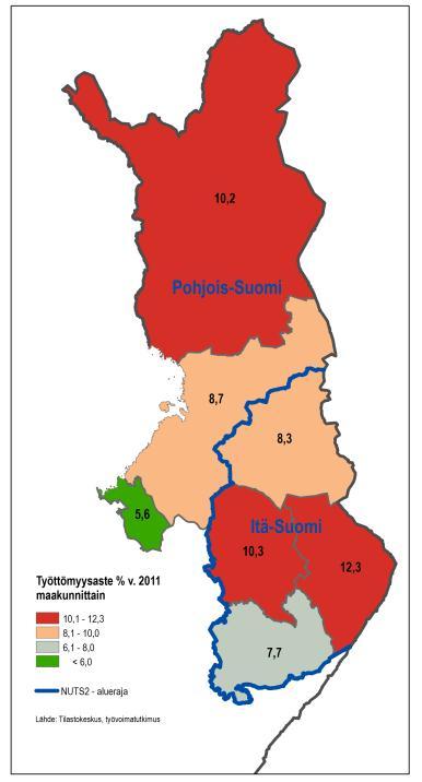 oli Lapissa, jossa työttömien osuus 18 24-vuotiaasta työvoimasta oli 18,5 %. Pohjois-Pohjanmaalla vastaava osuus vuonna 2011 oli 16,7 %, ja siellä Oulun seutukunnassa 18,2 %.