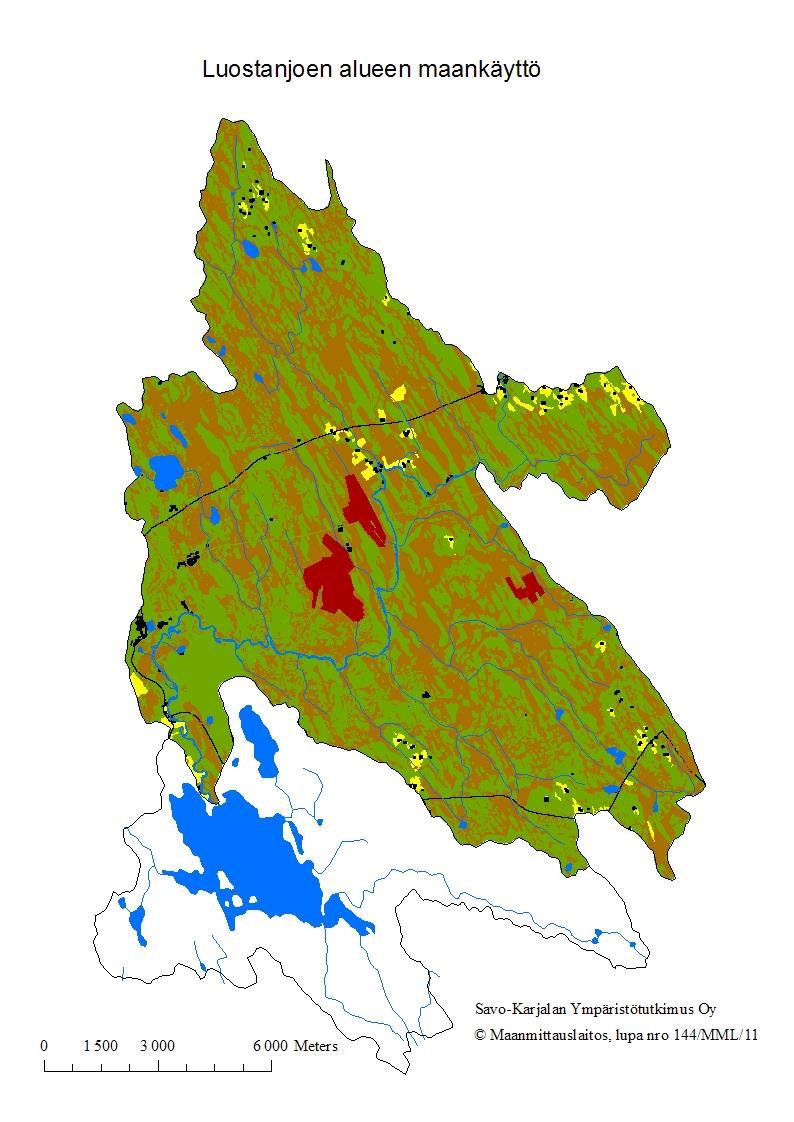 Luostanjoen vesistöalueen maankäyttö (vihreä=metsä, keltainen=pelto, sininen=vesistö, ruskea=turvevaltainen